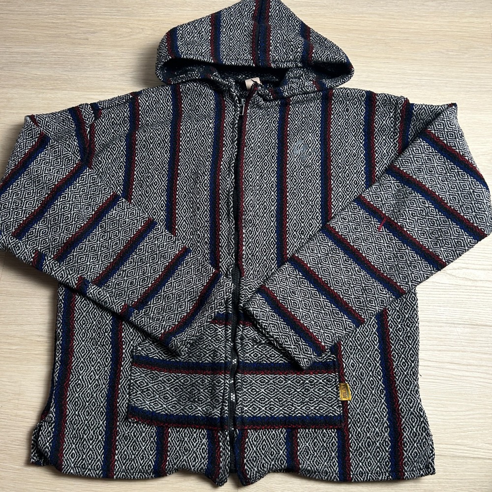 Artesanias Molina Mexican Baja Hoodie Jacket Medium Full Zip Jerga Striped Grey